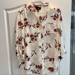 Iz Byer Cream and Red Floral Blouse